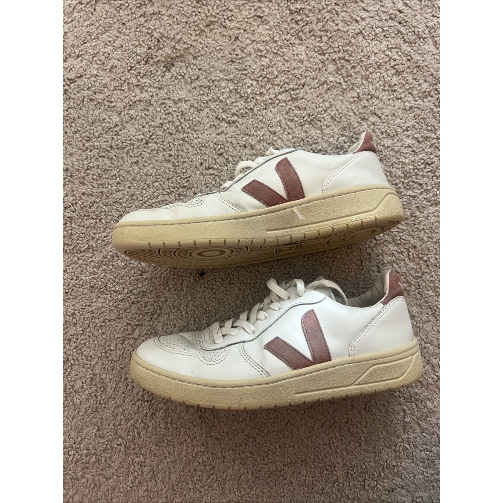 Madewell x Veja Leather V-10‎ Lace-Up Sneakers in White with Pink Size 7 EU 38 - Picture 3 of 8